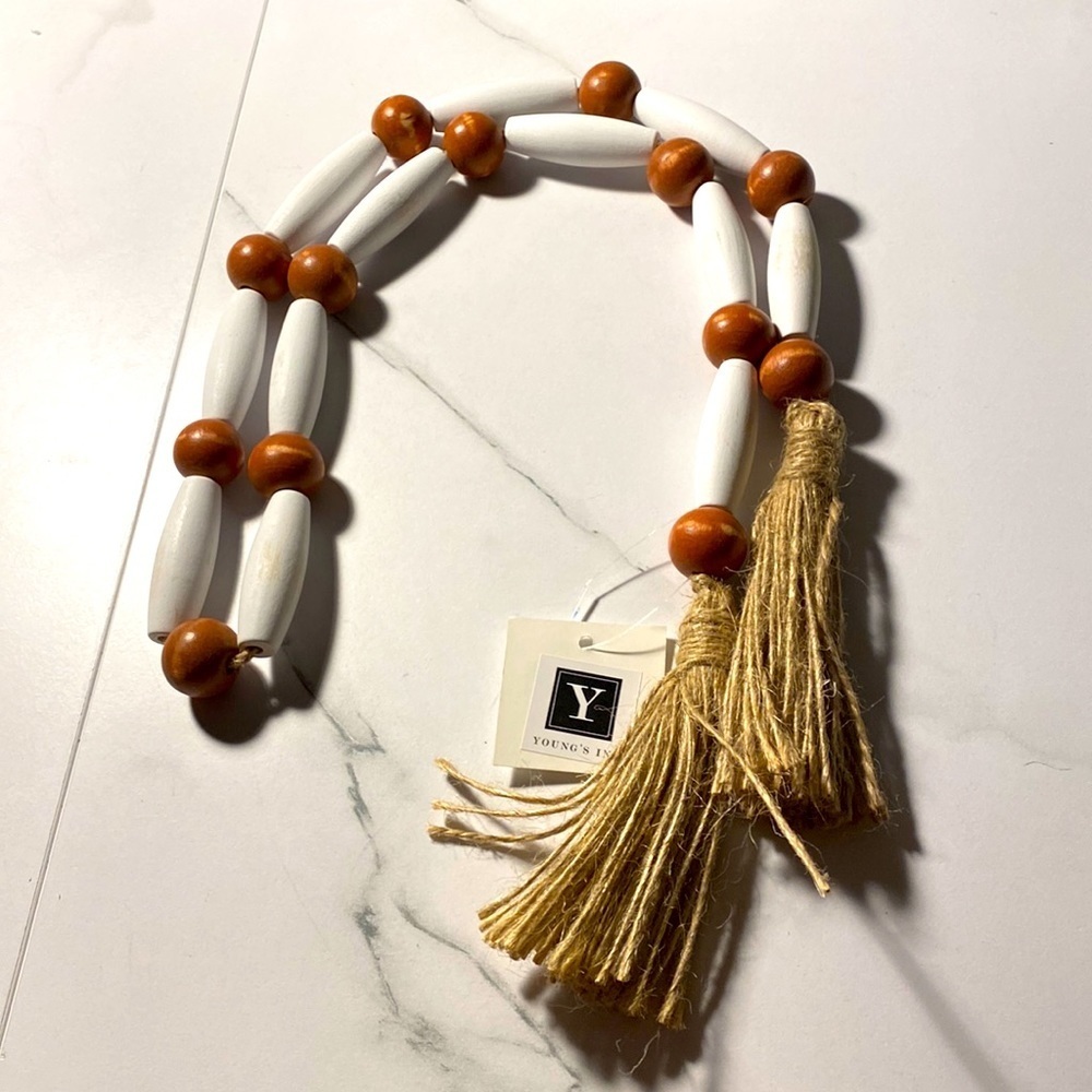White & Brown Wood Beaded Rope & Tassles NWT